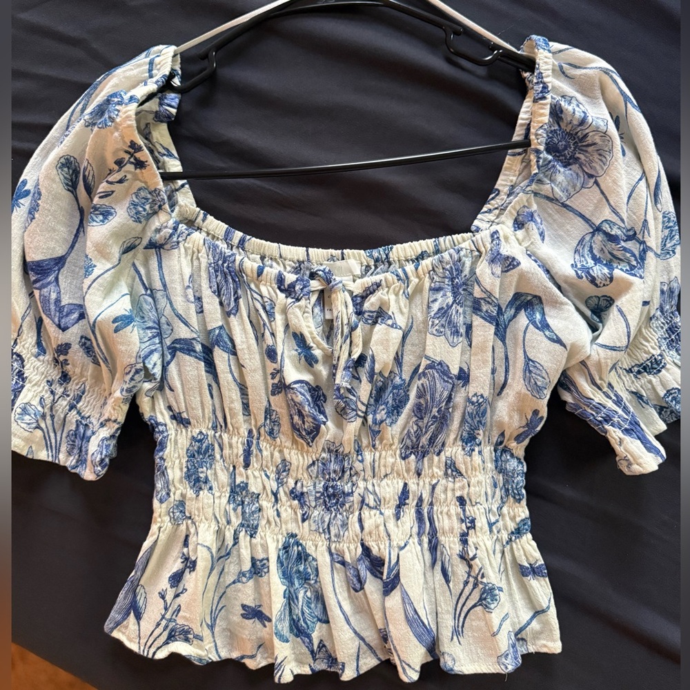 Floral Blue and Cream Smocked Women's Top